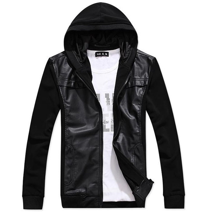 Men Fixed Hooded Montage Washed Leather & Cotton... | StyleCaster