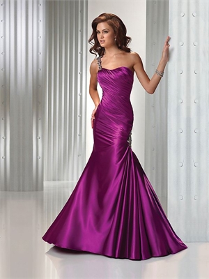 Purple  Shoulder Dress on Cheap Mermaid One Shoulder Beaded Satin Purple Prom Dress Pd10467 For