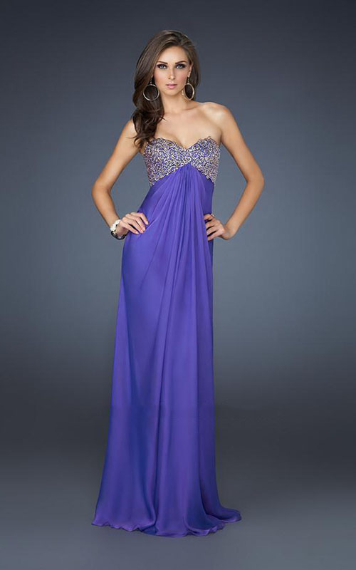 Gold Sequin Top Long Purple Strapless Prom Dress